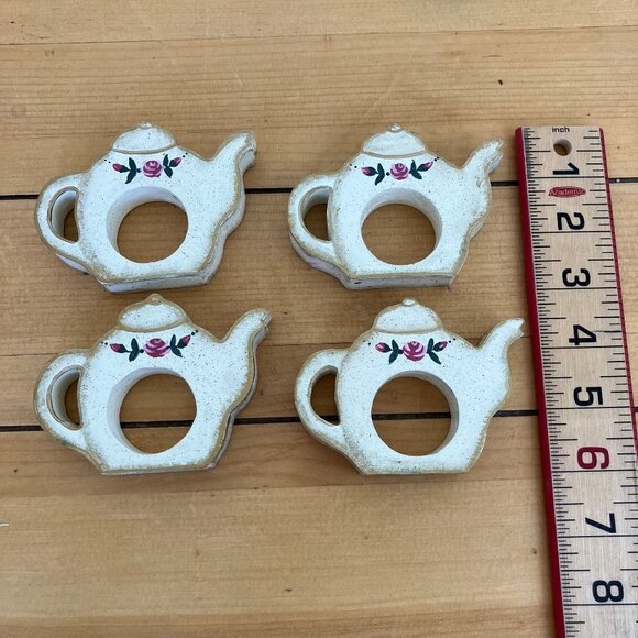 Teapot Shape Napkin Rings Set of 4 Wooden Hand Painted Floral Design 3" tall - Picture 4 of 5